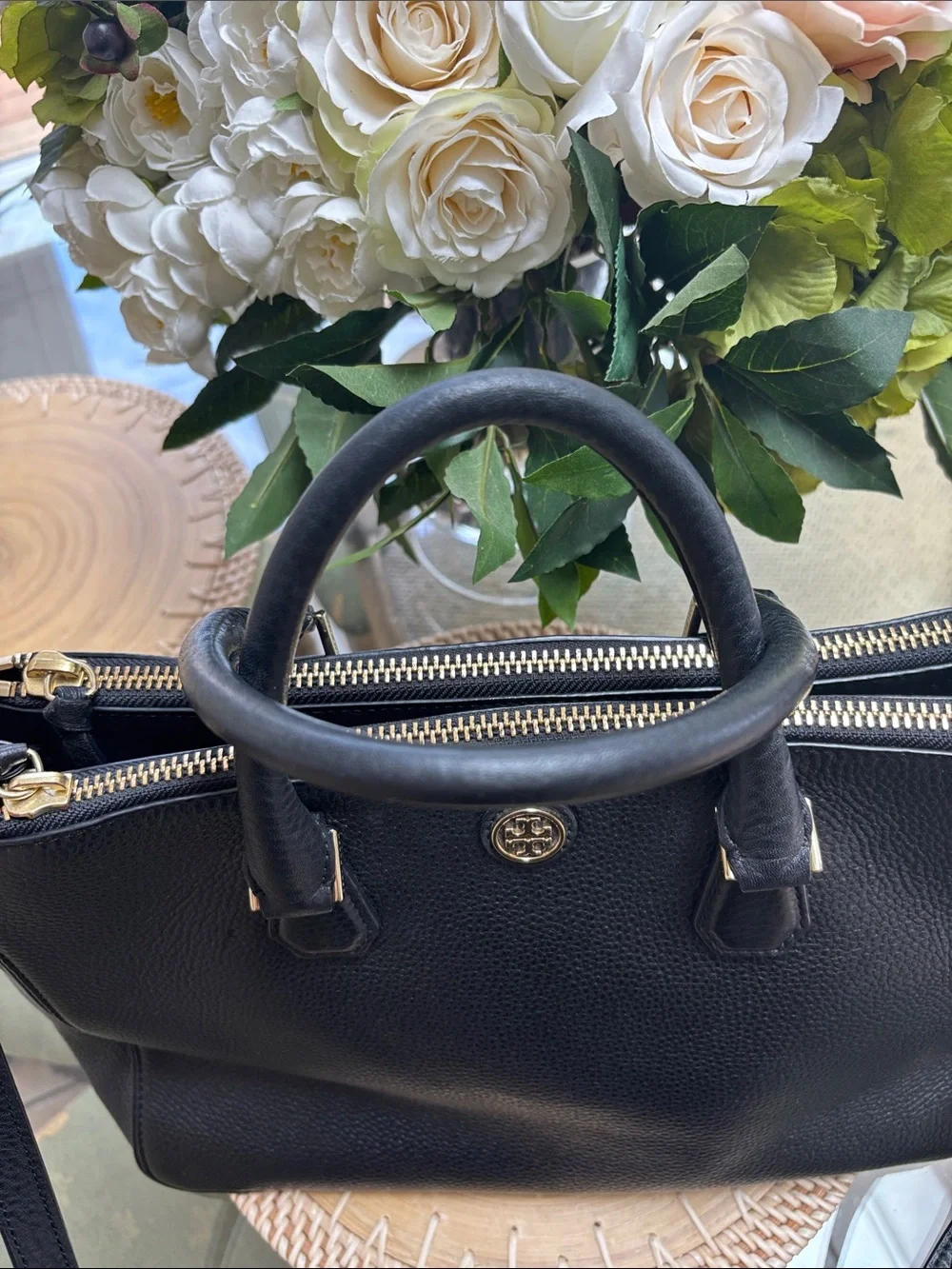 Tory Burch Robinson Double Zip Black Pebbled Leather Satchel Gold Hardware $575